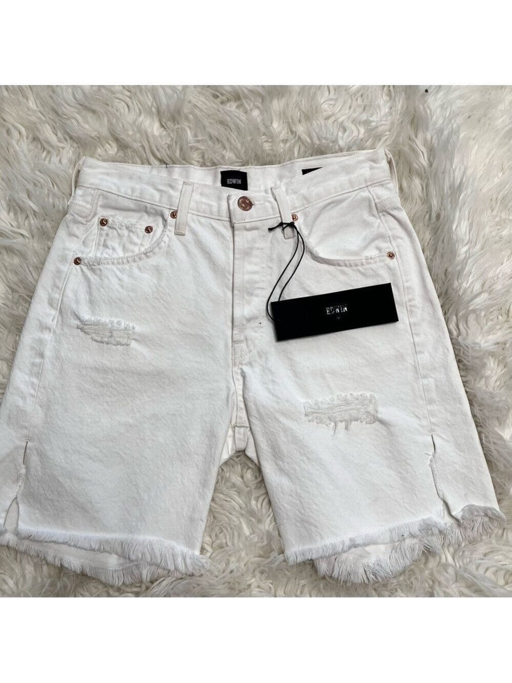 Edwin Women’s White Distressed Denim Mid Length Shorts Size 34